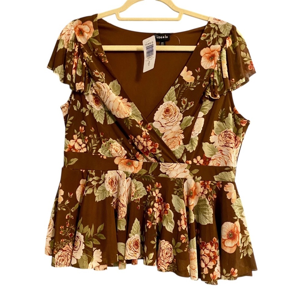 NWT Torrid Brown Pink Floral Wrap Peplum Flutter Sleeve Blouse  Sz L